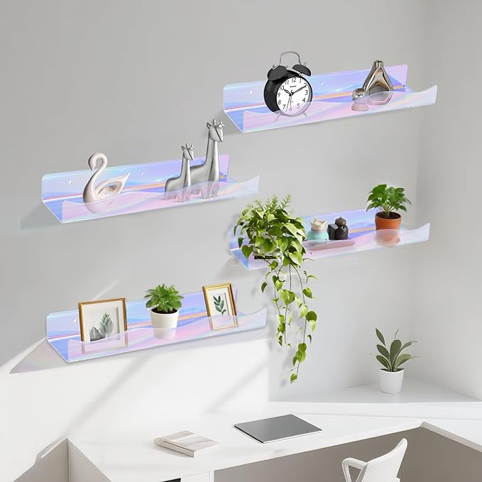 Wall Mount Acrylic Shelf 15 Inch Floating Shelf for Wall Decor Plants Books Records Colorful Display Shelf with Mounting Hardware Bathroom Bedroom Living Room Storage Organization(6, iridescent)