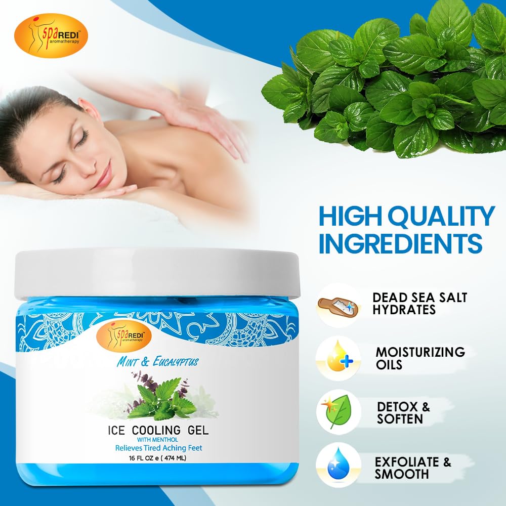 SPA REDI - Massage Cooling Gel for Pedicure, Mint and Eucalyptus Oil with Menthol 16 Oz, Peppermint Extract - Professional Strength Pedicure Foot and Leg Ice Cooling Gel Massage Therapy,