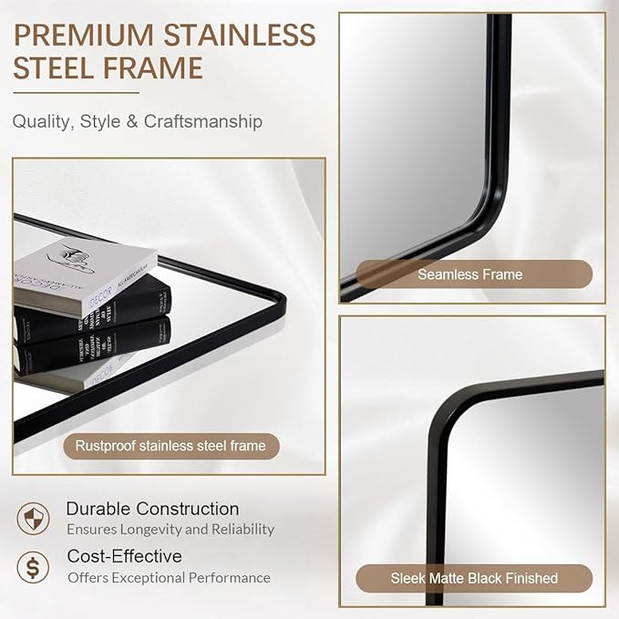 ANDY STAR 28x36 INCH Black Bathroom Mirror, Black Bathroom Vanity Mirrors for Wall, Rounded Rectangle Mirror for Bathroom, Tube Metal Frame, 1’’ Deep Wall Mounted Vertical/Horizontal