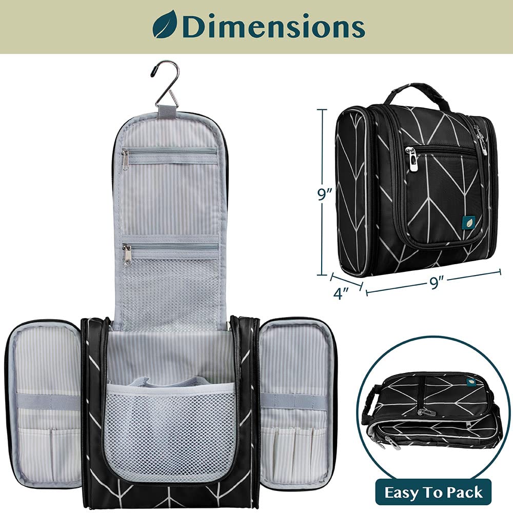 PAVILIA Toiletry Bag Travel Bag for Women Men, Hanging Cosmetic Organizer, Water Resistant Makeup Bag for Accessories Toiletries, Large Travel Essentials Kit (Black Chevron)