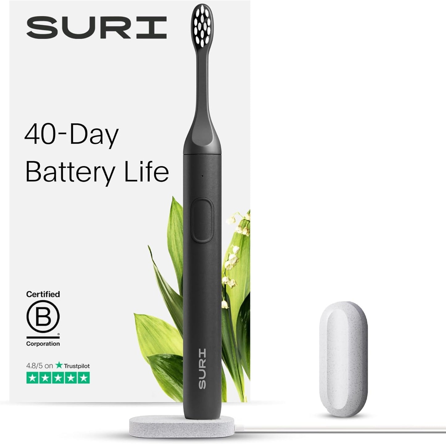 SURI 1.0 Sonic Electric Toothbrush | 40+Day Battery | Designed in California | Sustainable Electric Toothbrush for Adults | Travel Toothbrushes | Tooth Brush | Black