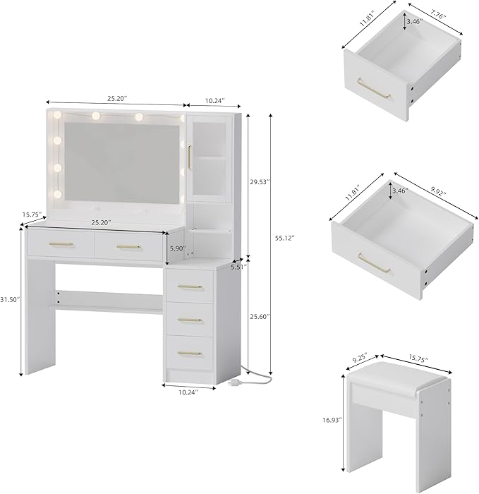 White Vanity Table with Drawer Dresser, Farmhouse Vanity Makeup Desk with Charging Station, Vanity Desk with Lights Mirror & Drawers for Makeup,Vanity Desk with Storage Shelf & 5 Drawers (Gold Handle)