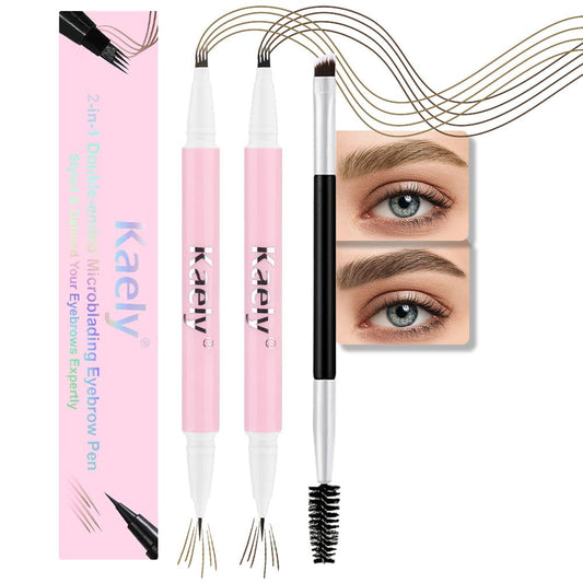 evpct 2Pcs Dark Light Brown Magic Microblading Dual-Ended Eyebrow Contouring Pen Brow Pencil, with 4 Brush Micro-Fork-Tips Applicator and Precise Brush-Tip Hair Like Strokes, Dual-ended Eyebrow Brush