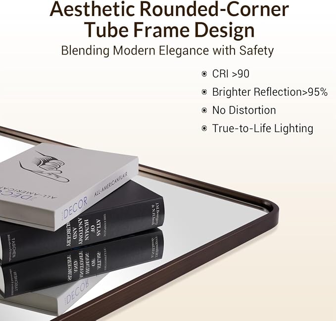 ANDY STAR Bronze Bathroom Mirror, 24X36 Bronze Vanity Mirror for Wall, Rounded Rectangle Mirror Tube Metal Frame Hang Vertically or Horizontally