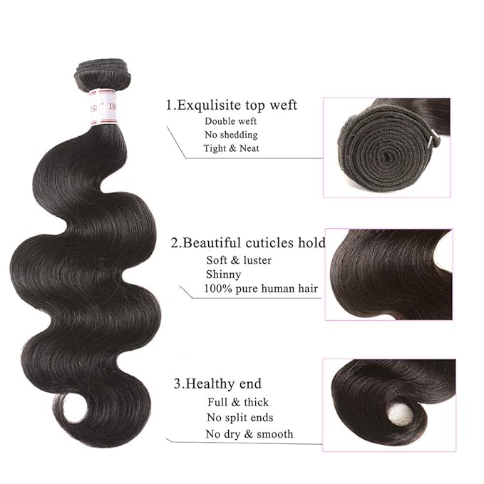 Bundles with Closure Brazilian Body Wave 3 Bundles with Closure Virgin 100% Unprocessed Human Hair Extensions 4x4 Free Part Lace Closure Natural Color (16 18 20+14)