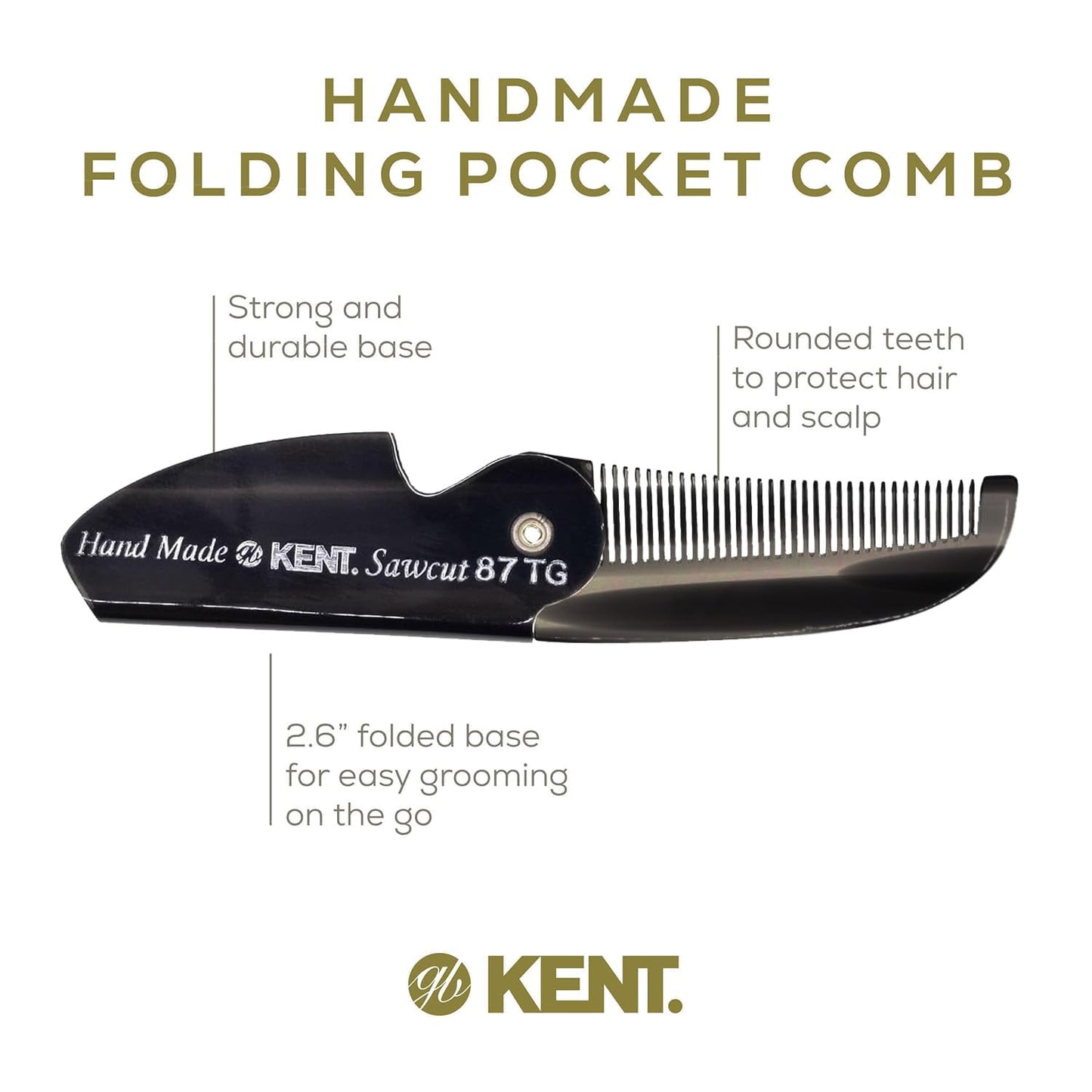 Kent 87T Black Graphite Handmade Folding Pocket Comb for Men, Fine Tooth Hair Comb Straightener for Everyday Grooming Styling Hair, Beard or Mustache, Saw Cut Hand Polished, Made in England (6 Pack)