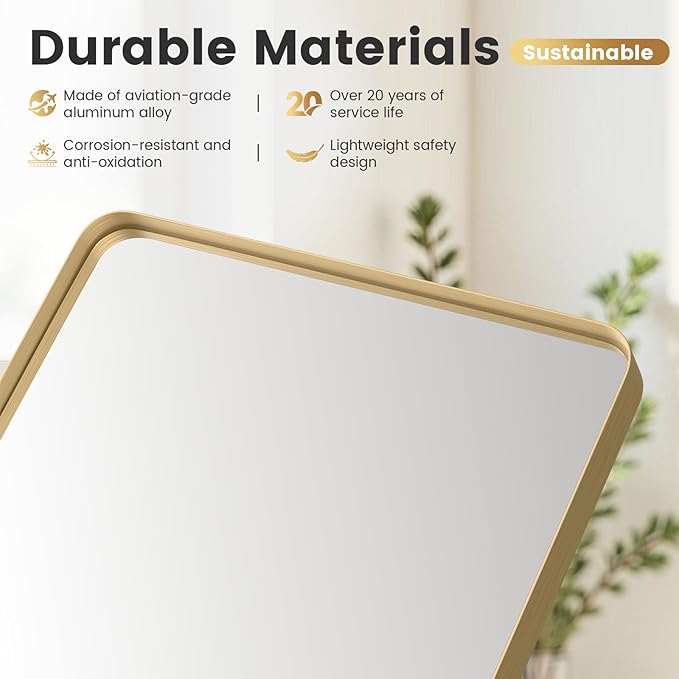 24X30 Inch Gold Metal Framed Bathroom Mirror for Wall, Gold Rounded Rectangle Mirror, Brushed Gold Bathroom Vanity Mirror Farmhouse, Anti-Rust, Tempered Glass, Hangs Horizontally or Vertically