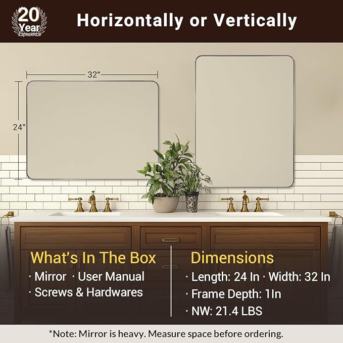 ANDY STAR Brushed Nickel Mirrors for Bathroom Sink, 24x32 Inch Bathroom Vanity Mirror with Rectangular Metal Frame-Modern Clean Design with Superior Stainless Steel Frame