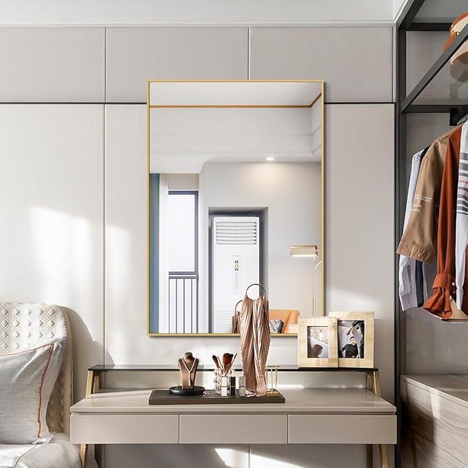 Koonmi Gold Rectangle Wall Mirror, 20x30 Inch Bathroom Mirror, Aluminum Frame Vanity Mirror for Entryway, Living Room, Bedroom Bathroom, Hangs Horizontally or Vertically
