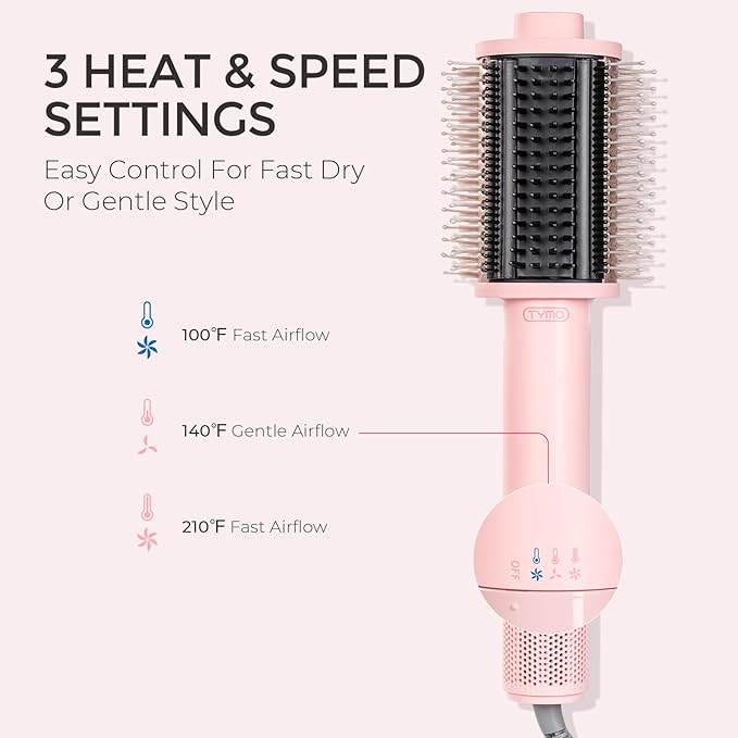 TYMO 4.0 Hair Blow Dryer Brush - Lightweight 3X Faster Drying 5-in-1 Ionic Blowout Hair Dryer Brush Adds Shine, Volume & Fullness for Smooth, Anti-Frizz Straight, Curl & Blowout Styles, Pink