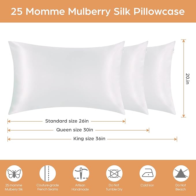 Silk Pillowcase for Hair and Skin, 2 Pack 100% Mulberry Silk Pillowcase 25 Momme, 600 Thread Count, Both Side Pure Silk Pillow Cover with Hidden Zipper (White, Queen 20''×30'')