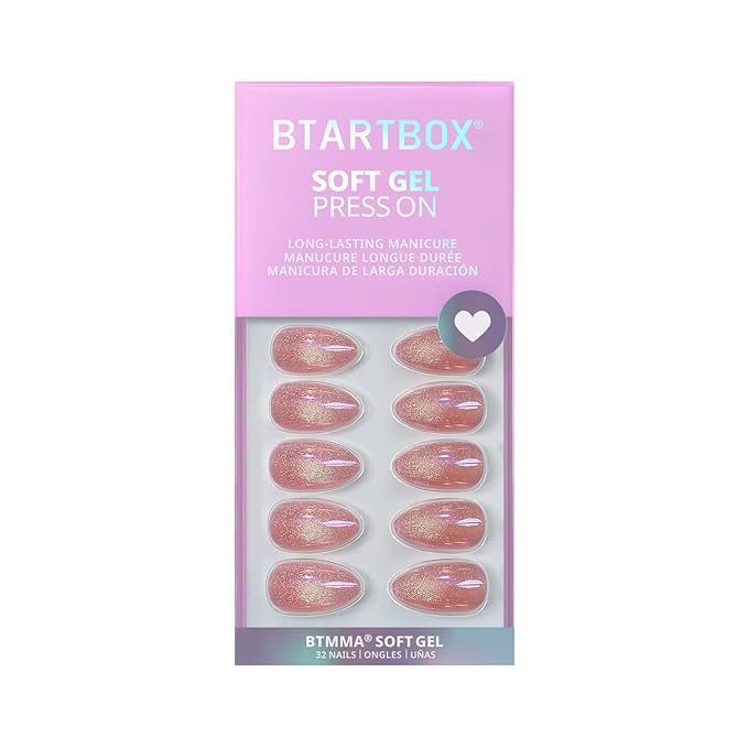 BTArtbox Press On Nails Short - Pink Cat Eye Almond Press On Nails with Glue for Women, Opaque Soft Gel Glue On Nails in 16 Sizes - 32 Stick On Nails Kit, Tassel Shine