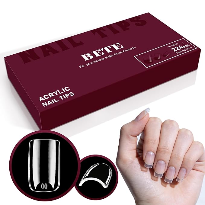 BETE Short Square Nail Tips, 224Pcs 16 Sizes, Clear Acrylic Full Cover False Nails, Pre-Shaped, Strong & Thicker, Long Lasting Press on Nails for DIY at Home & Salon