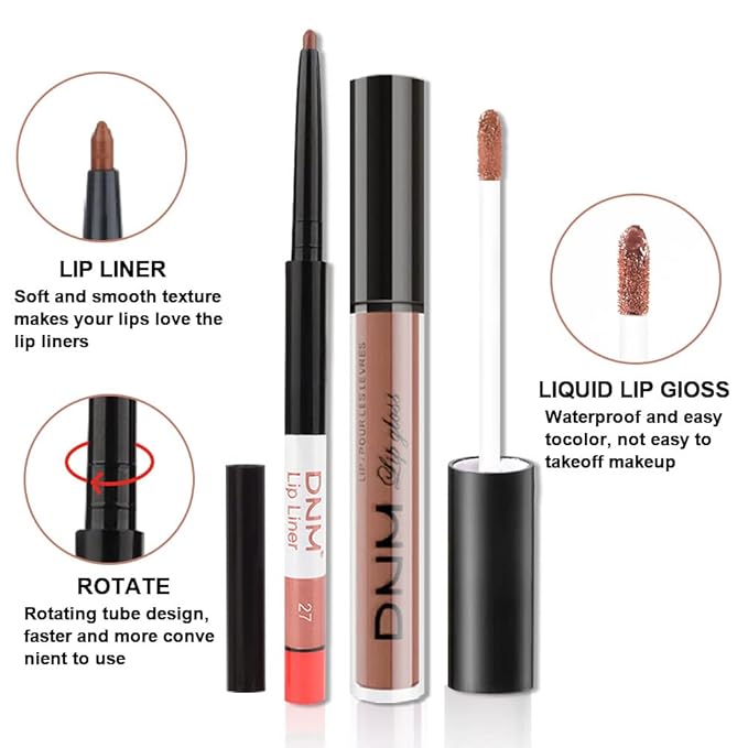 evpct 2Pcs Nude Brown Lip Liner and Matte Lipstick Makeup Sets, Vegan Lipstick Lip Liner and Gloss Stain Set Long Lasting Waterproof labiales mate 24 horas originales matte larga duracion 24 27#