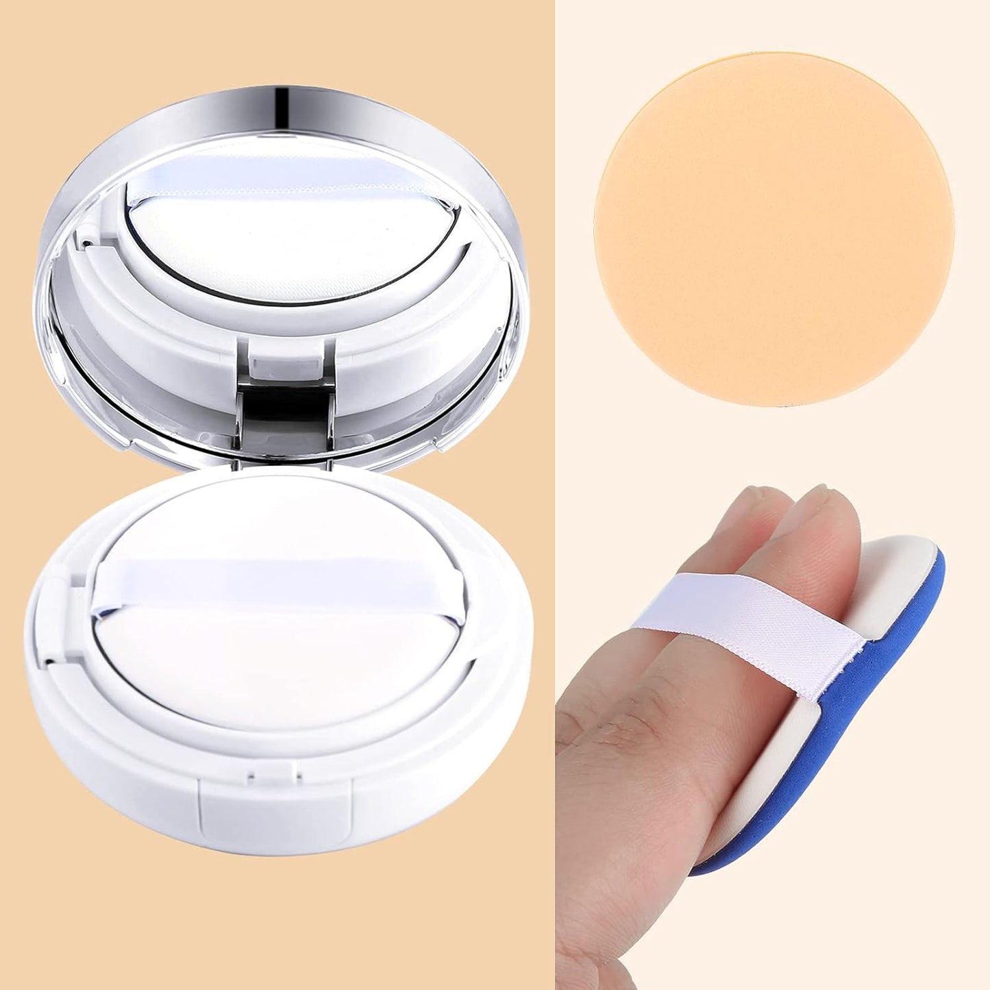 Patelai 7 Pcs 0.5oz Empty Luxurious Air Cushion Puff Box with Sponge Puff and Mirror, Portable Make-up Powder Container Case with Extra Sponges and Puffs, Refillable Foundation Bb Cream Box(Silver)