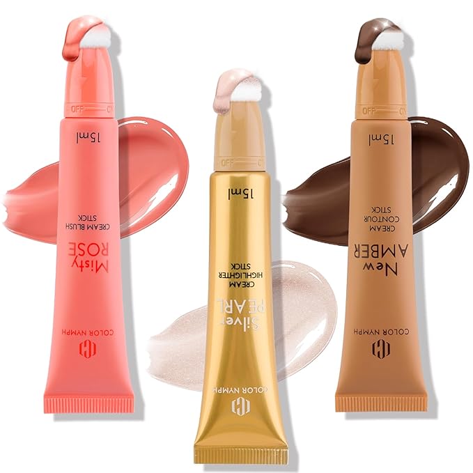 Color Nymph Liquid Makeup Wand Combo, Hydrating Brown Contour Stick Glow Liquid Highlighter Pigmented Blush For Cheeks Fine Texture Natural Blend Long Lasting (Brown Contour+Blush+Highlighter)