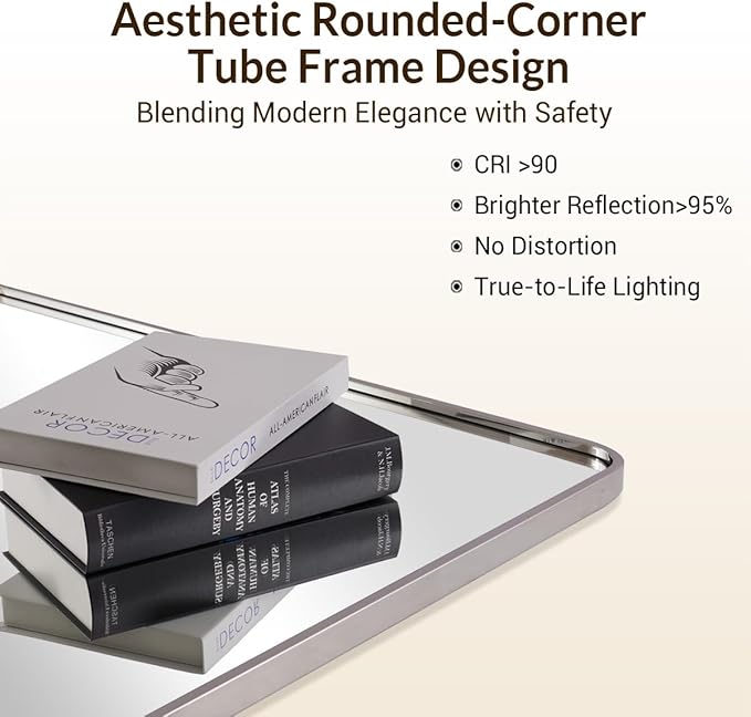 ANDY STAR 40x32 Inch Chrome Mirror for Bathroom, Chrome Bathroom Vanity Mirror, Rounded Rectangle Mirror, Anti-Rust SUS304, Seamless Tube Metal Frame, 1’’ Deep Wall Mounted Vertically/Horizontal