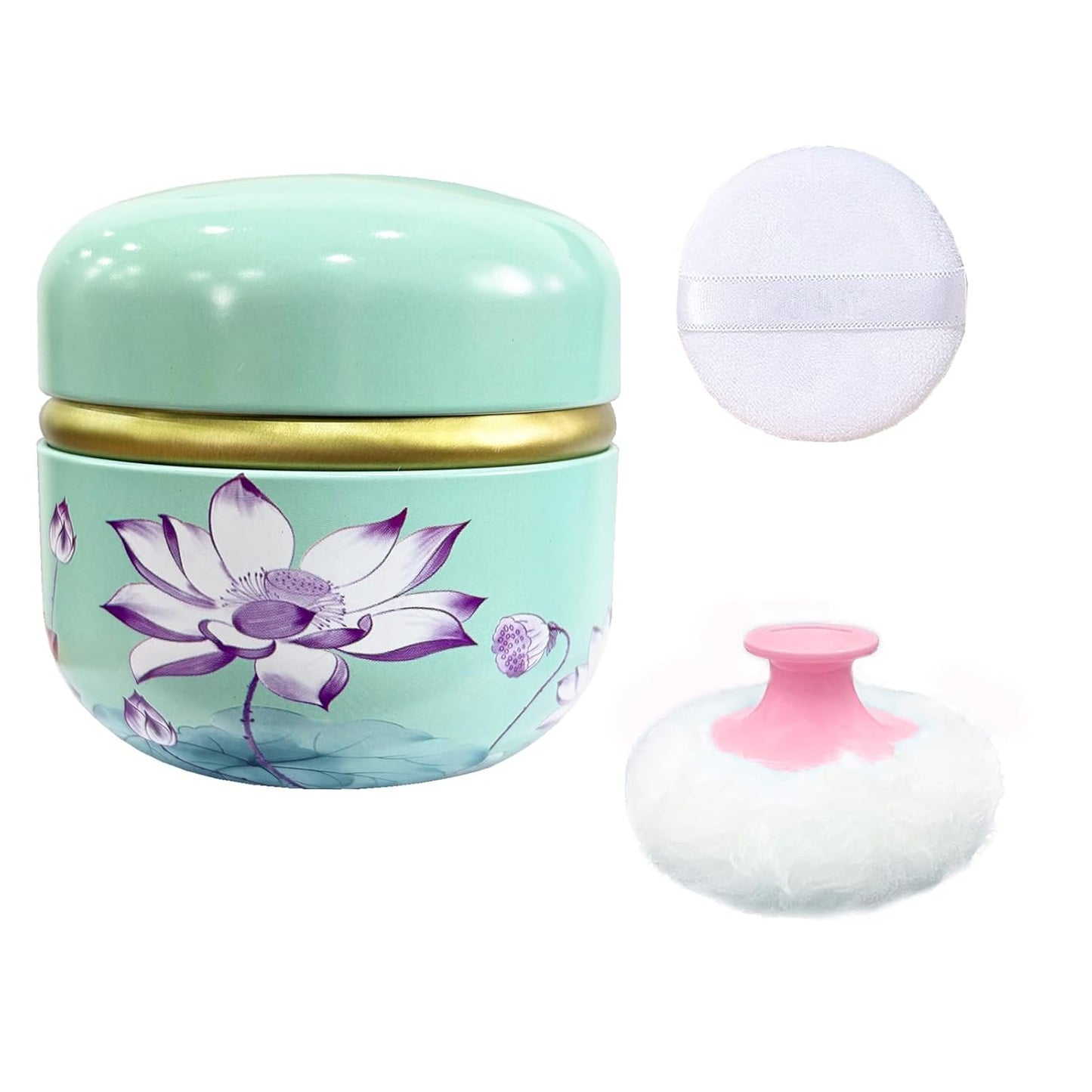 Body Powder Puff and Container for Dusting Powder, Women Powder Puff and Powder Case for Bath and Travel (Lotus Green)