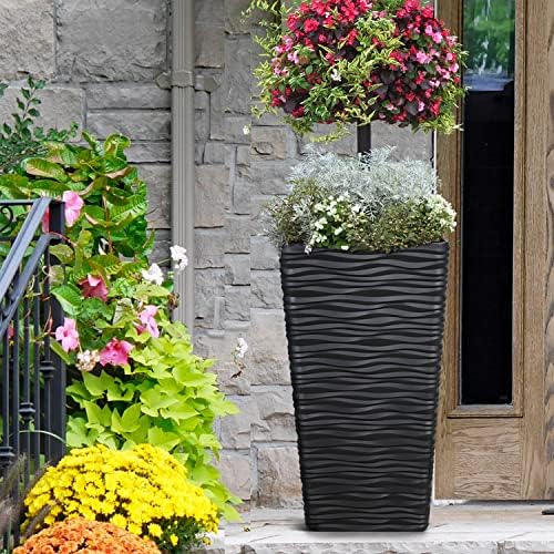 Worth Garden 2-Pack Black Tall Planter - Plastic Square Tapered Tree Plant Pots with Drainage Hole for Indoor Outdoor - 22" H Modern Wavy Finish Decorative Flower Pots for Front Porch Patio Deck - Image 5