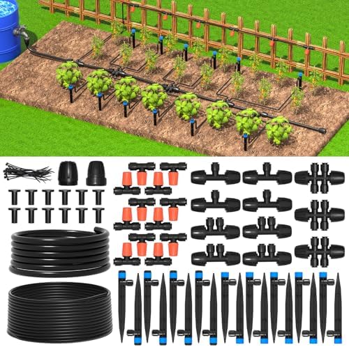 MIXC Greenhouse Micro Drip Irrigation Kit Automatic Irrigation System Patio Misting Plant Watering System with 1/4 inch 1/2 inch Irrigation Tubing Hose Adjustable Nozzle Emitters Barbed Fittings by MIXC