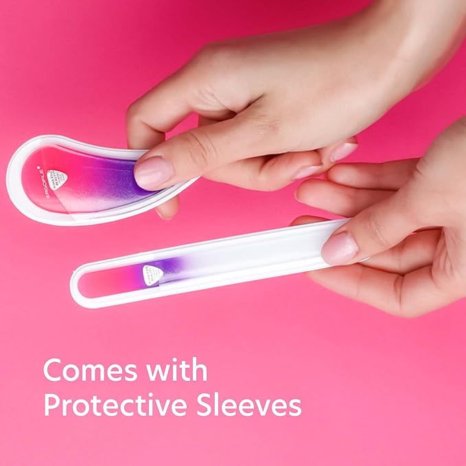 BONA Fide Beauty Glass Nail File Manicure Set, 2-Pieces Comfort Grip Ergonomic Drop Ergofile Czech Glass in Sleeves