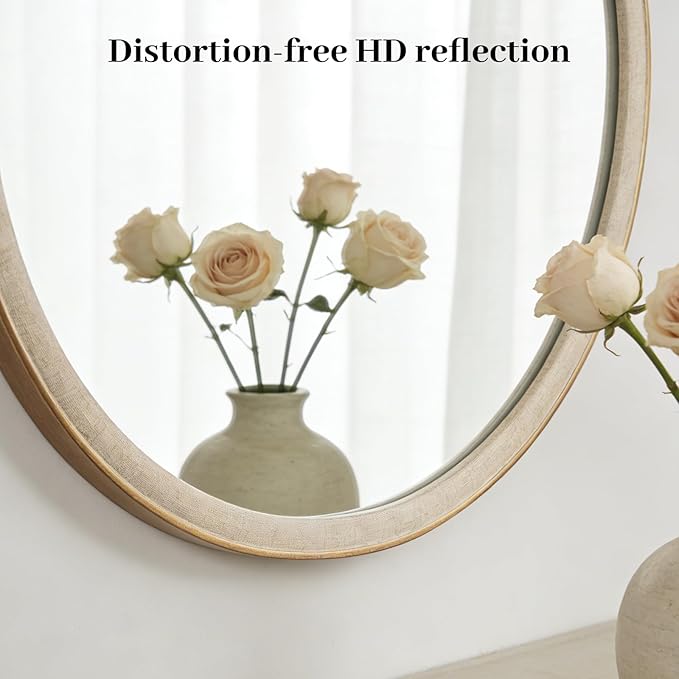 WallBeyond Round Mirror 24 Inch, Linen-Texture Circle Wall Mirror for Bathroom, Bedroom, Entryway, Living Room