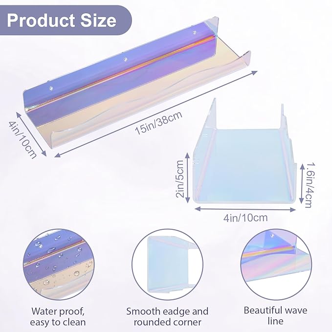 Wall Mount Acrylic Shelf 15 Inch Floating Shelf for Wall Decor Plants Books Records Colorful Display Shelf with Mounting Hardware Bathroom Bedroom Living Room Storage Organization(6, iridescent)