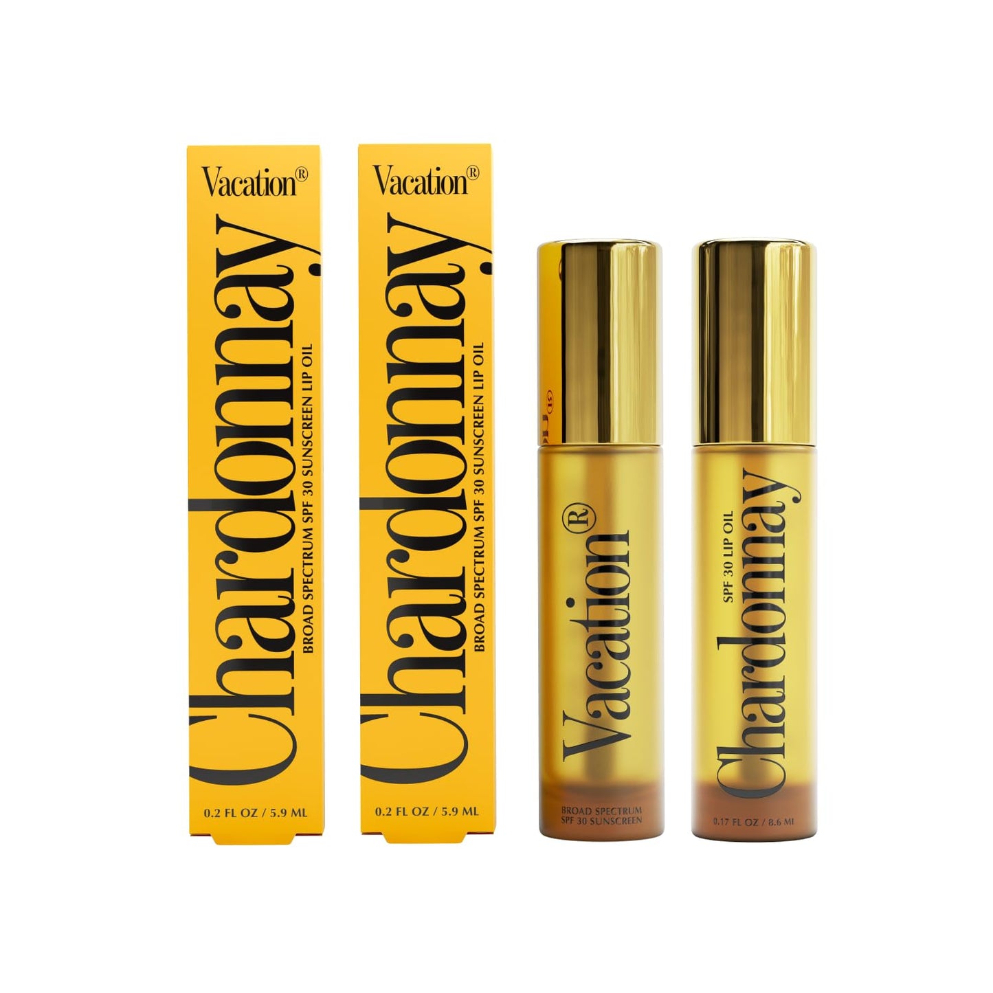 VACATION Chardonnay Lip Oil SPF 30, Sunscreen for Lips, Hydrating, Caramel Vanilla Flavored Lip Gloss, Clear Plumper, Non-Sticky, Vegan, 0.2 Fl. Oz. (Pack of 2)