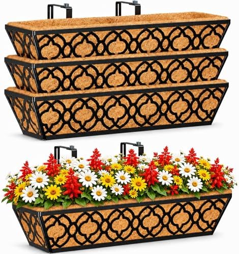 HFHOME 24 Inch Deck Railing Planter Box with Horse Trough Coco Liner, 24" Window Boxes with Coconut Coir Liner, Black Metal Hanging Flower Planter Basket for Outdoor Indoor Lawn - 4 Pack by HFHOME