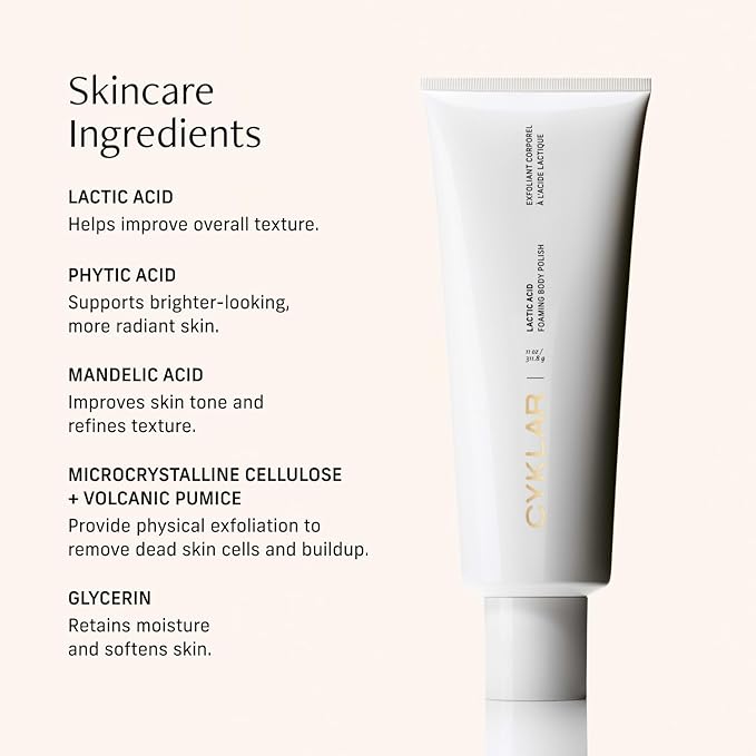 Cyklar Lactic Acid Body Polish – Chemical Exfoliator with AHAs & Volcanic Pumice – Added Glycerin for Skin Hydration – Fragrance-Free, 11 fl oz
