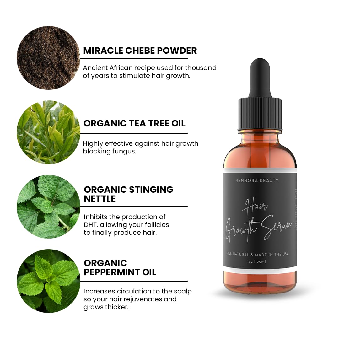 Rennora Hair Growth Serum with Organic Herbs and Natural Vitamins, Peppermint Oil, Stinging Nettle, and Rosemary Oil, No Chemicals, Formulated for Hair Regrowth (2 Pack - 60 Day Supply)