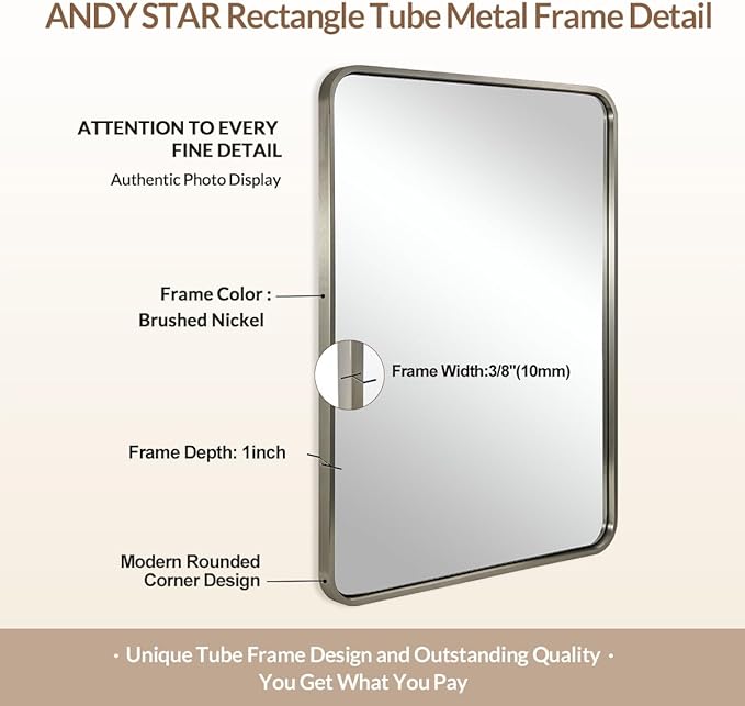 ANDY STAR Brushed Nickel Bathroom Mirror, 24x36’’ Rounded Rectangle Mirror Modern Silver Vanity Mirror SUS304 Metal Tube Frame(Rustproof) 1’’ Deep Wall Mounted Vertically/Horizontally