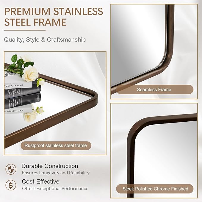 ANDY STAR Bronze Bathroom Mirror, 22X30’’ Bronze Mirrors for Wall, Rounded Rectangle Mirror for Bathroom Vanity Metal Framed, HD Reflection, Wall-Mounted Vertically or Horizontally