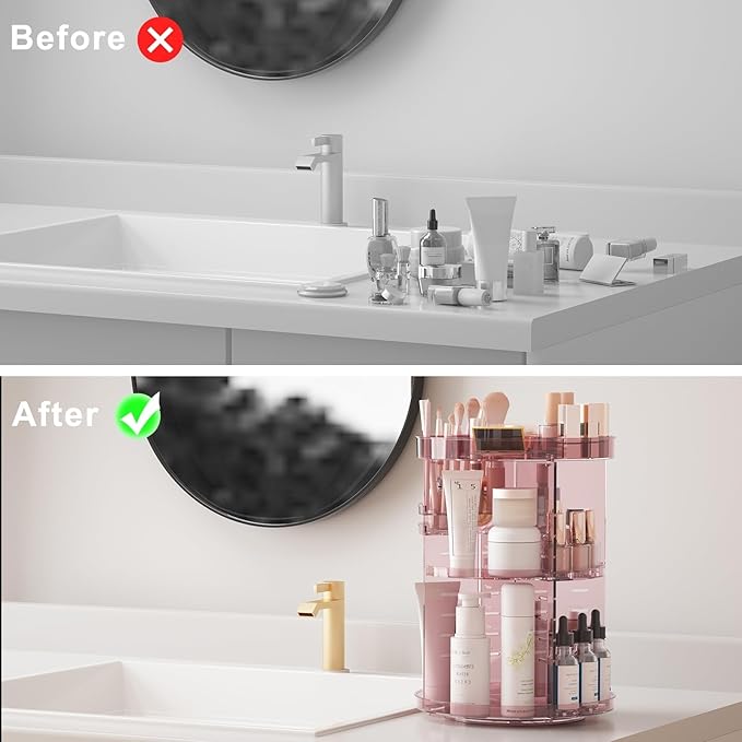 360 Rotating Makeup Organizer with Lipstick Slots, 8 Adjustable Layers Spinning Skincare Organizers, Large Capacity Desk Storage, Carousel Cosmetic Shelf for Vanity Bathroom Countertop