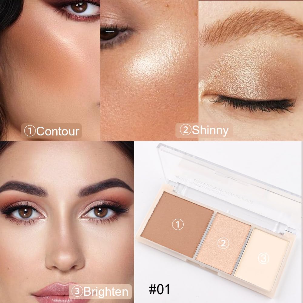 3 IN 1 Brown Nude Face Highlight Bronzer Powder Palette for Face Cheeks Contour Brightening, Buildable Matte Coverage Natural Makeup,Ultra Sculpt Nose Shadow Eyeshadow Primer 01#