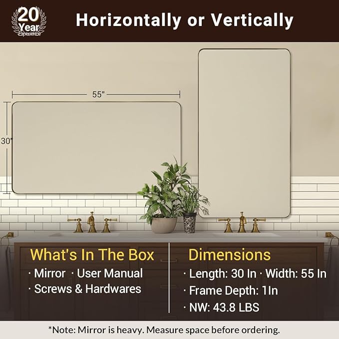 ANDY STAR Gold Bathroom Mirrors for Over Sink, 30x55 InchBrushed Gold Wall Mirror, Rectangular Metal Framed Vanity Mirror -Modern Clean Design with Superior Stainless Steel Frame