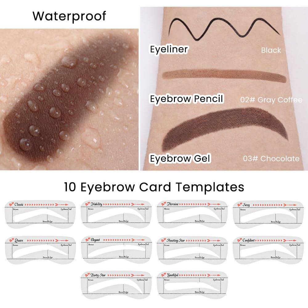 evpct Eyebrow Stencils Kit for Women Shaping, Eyebrow Shaper Makeup Kit, Eye Brow Stencil Shaper Tinting kits for Women, with Eyeliner, Eyebrows Pencil, Pomade, Brush and 10 Stencils, Kit-03 CHOCOLATE