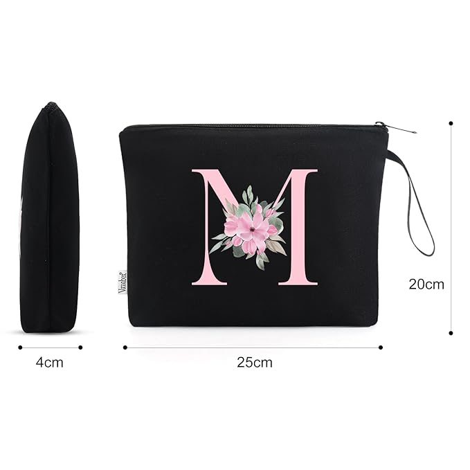 Vavabox A-Z Personalized Makeup Bag, Birthday Gifts for Women Mom, Gifts for Best Friend, Bride Bridesmaid Cosmetic bag (M, Black)
