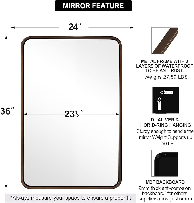 ANDY STAR Bronze Bathroom Mirror, 24X36 Bronze Vanity Mirror for Wall, Rounded Rectangle Mirror Tube Metal Frame Hang Vertically or Horizontally