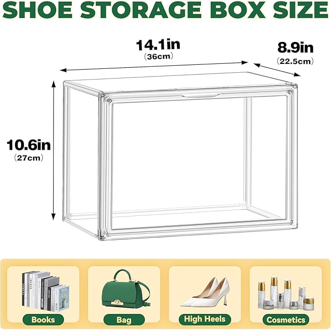 1 Pack Acrylic Boot Shoe Box Size 15, X-Large Purse Handbag Organizer for Closet Storage Bins with Magnetic Lid Clear Acrylic Box for Sneaker, Hat, Book, Cosmetic, Figures Display Case