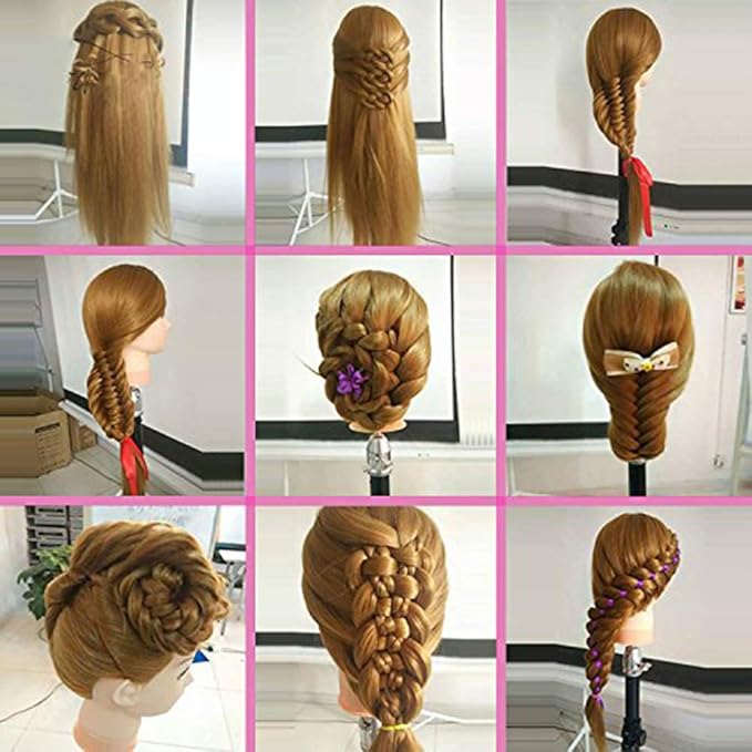 Mannequin Head with Hair, Beauty Star Doll Head for Styling, 20 Inch Long Gold Syntheic Hair Cosmetology Manikin Training Head Model, Hairdressing Practice Head with Clamp Stand and Braiding Kit