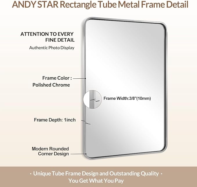 ANDY STAR 40x36 Inch Chrome Bathroom Mirror, Chrome Vanity Mirror for Wall, Rounded Rectangle Mirror, Anti-Rust SUS304, Seamless Tube Metal Frame, 1’’ Deep Wall Mounted Vertically/Horizontal