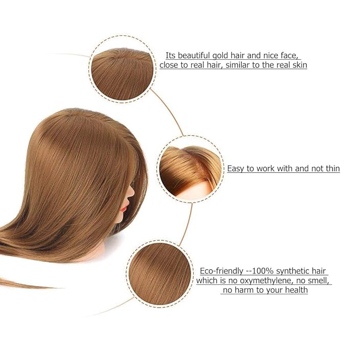 Mannequin Head with Hair, Beauty Star Doll Head for Styling, 20 Inch Long Gold Syntheic Hair Cosmetology Manikin Training Head Model, Hairdressing Practice Head with Clamp Stand and Braiding Kit