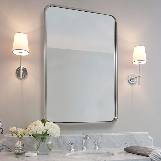 ANDY STAR Mirrors for Wall, 20x28’’ Brushed Nickel Bathroom Mirror, Rounded Rectangle Mirrors for Vanity, Anti-Rust SUS304, Tube Metal Frame, 1’’ Deep Wall Mounted Vertically/Horizontal