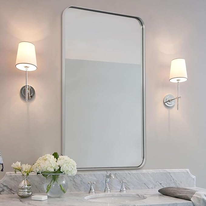 ANDY STAR Brushed Nickel Bathroom Mirror, 24”x40” Rounded Corner Rectangle Mirror, Modern Metal Frame Bathroom Vanity Mirror