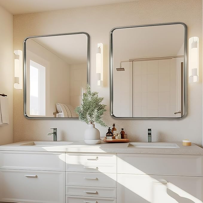ANDY STAR 40x36 Inch Brushed Nickel Bathroom Mirror, Rounded Rectangle Bathroom Vanity Mirrors for Wall, Anti-Rust SUS304, Seamless Tube Metal Frame, 1’’ Deep Wall Mounted Vertically/Horizontal