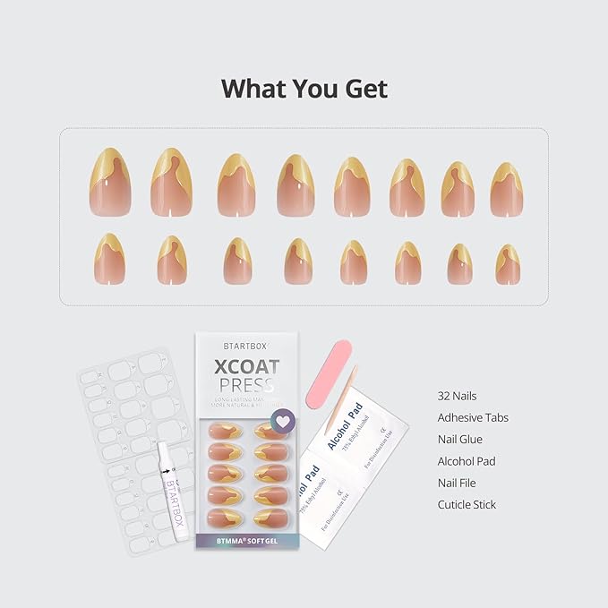 BTArtbox French Tip Press On Nails - Lamp-Curable Short Almond Press On Nails with Glue for Women, Semi-Transparent Soft Gel Glue On Nails in 16 Sizes - 32 Stick On Nails Kit, Lemon Fizz