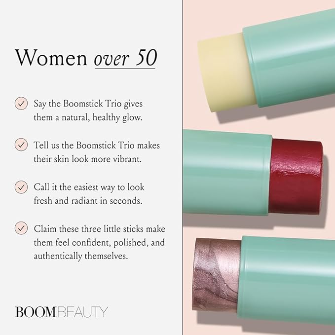 Boomstick Trio ® Color 3 Pack Cream Blush Makeup, Color Blush Stick, Highlighter Stick & Moisturizer for Cheeks, Eyes & Lips, Blendable Vegan Boom Sticks by Cindy Joseph for Older Women, BOOM Beauty