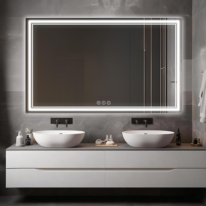 LED Bathroom Mirror 60"x36", 3 Colors Frontlit, Stepless Dimmable, Anti-Fog, Memory, Wall Mounted Vanity Mirror with Lights, Eco Copper-Free, Perfect for Bathroom & Bedroom