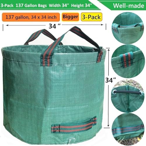 Professional 3-Pack 137 Gallon Extra Large Lawn Garden Bags (D34,H34 in) Reusable Yard Waste Bags with Gardening Gloves for Big Leaf Bag,Lawn Weeds,Grass Clippings Bag,Yard Debris Containers 4 Handles - Image 4